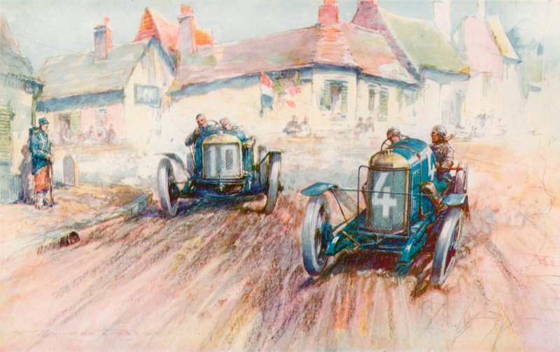 1911 年在布洛涅举行的 Voiturette 比赛中，巴布洛特驾驶 3 升 Delage 10 号赛车追赶布瓦洛的标致赛车（彩色石版印刷）。 作者 弗雷德里克·戈登（后）克罗斯比