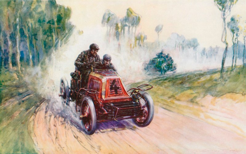 1901 年，Fournier 与 Mors 4 号赛车在巴黎-柏林比赛中相遇，Panhard 是当时的领军品牌，但却在为数不多的比赛中落败（彩色石版）。 作者 弗雷德里克·戈登（后）克罗斯比