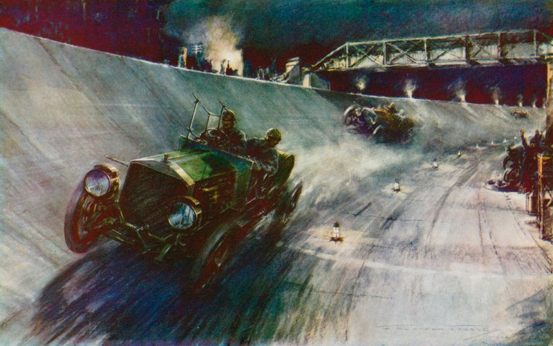 1907 年，S-F-埃奇（S-F-Edge）单人驾驶纳皮尔（Napier）赛车，成功地在 24 小时内保持了 60 英里/小时的时速，这是布鲁克兰兹新赛道上的首个纪录（彩色石版）。 作者 弗雷德里克·戈登（后）克罗斯比