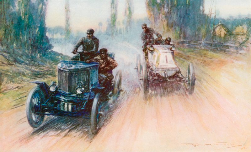 在 1898 年的巴黎-阿姆斯特丹比赛中，夏朗的白色 Panhard 赛车在赛车史上首次安装了轮式而非舵柄式转向装置（彩色平版印刷）。 作者 弗雷德里克·戈登（后）克罗斯比