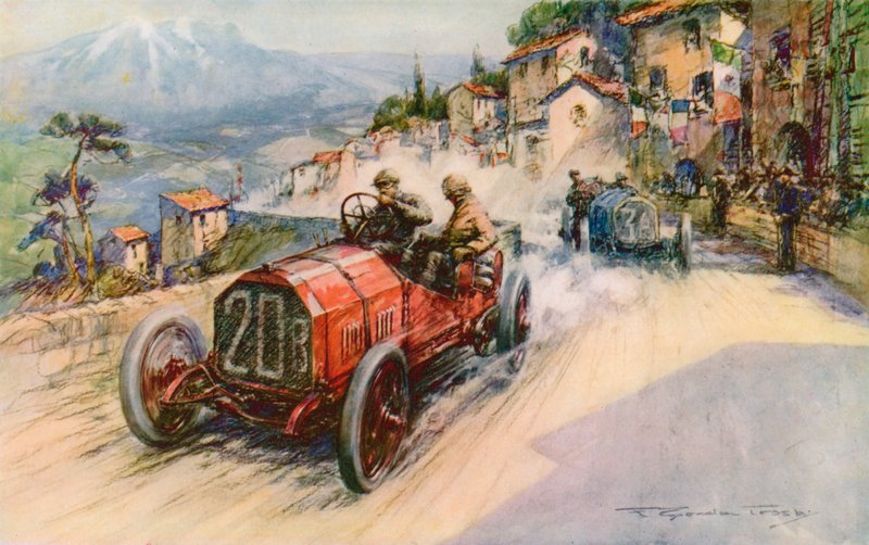 意大利冠军 Felice Nazzaro 和菲亚特赢得 1907 年 Targa Florio 大赛，这对组合此前曾赢得大奖赛和 Kaiserpreis 大赛（彩色石版）。 作者 弗雷德里克·戈登（后）克罗斯比
