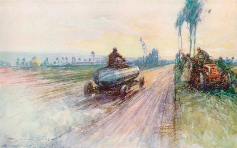 1899 年，杰纳齐的 Jamais Contente 号打破世界速度记录（彩色石版印刷）。 作者 弗雷德里克·戈登（后）克罗斯比