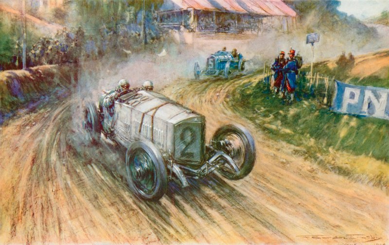 1914 年大奖赛期间，德国梅赛德斯车队的劳滕施拉格和法国标致车队的博约特展开激烈角逐（彩色石版印刷）。 作者 弗雷德里克·戈登（后）克罗斯比