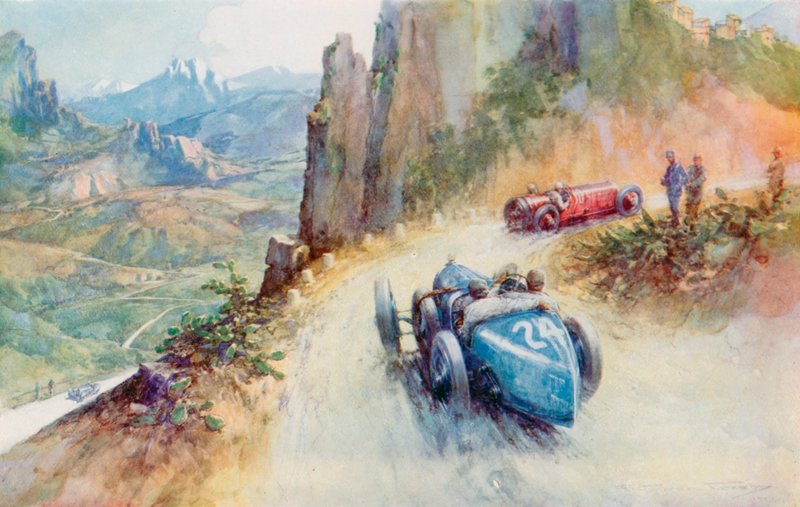 Materassi 的 2 升增压布加迪汽车在 1927 年 Targa Florio 蜿蜒曲折的赛道上超越一辆玛莎拉蒂汽车（彩色石版）。 作者 弗雷德里克·戈登（后）克罗斯比