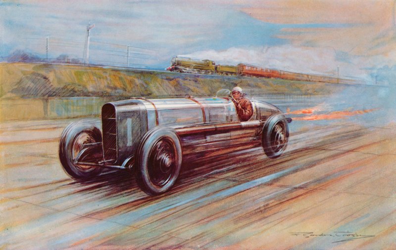 由 K Lee Guinness 在布鲁克兰兹打造的 12 缸航空发动机 Sunbeam，是 1922 年最快的汽车（彩色平版印刷）。 作者 弗雷德里克·戈登（后）克罗斯比