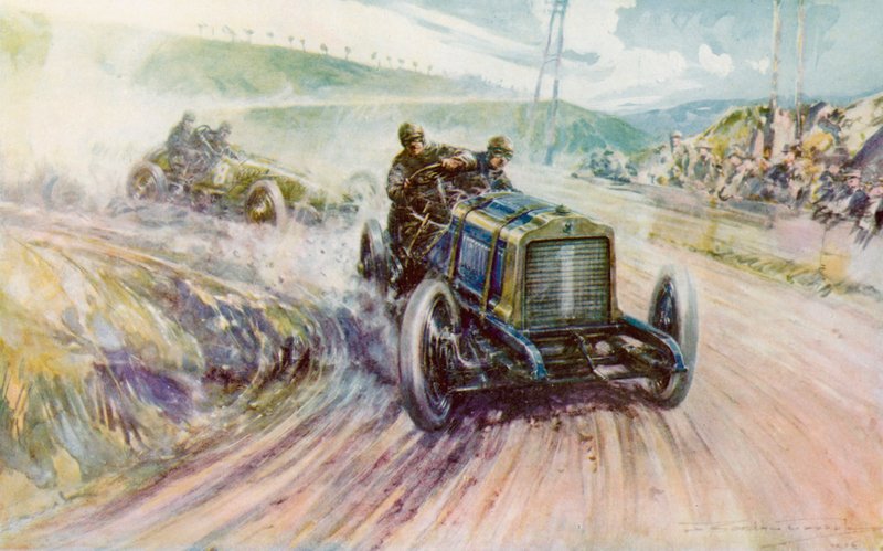 Thery 与 Richard-Brasier 号一起赢得 1905 年法国戈登-贝内特竞赛（彩色石版印刷）。 作者 弗雷德里克·戈登（后）克罗斯比