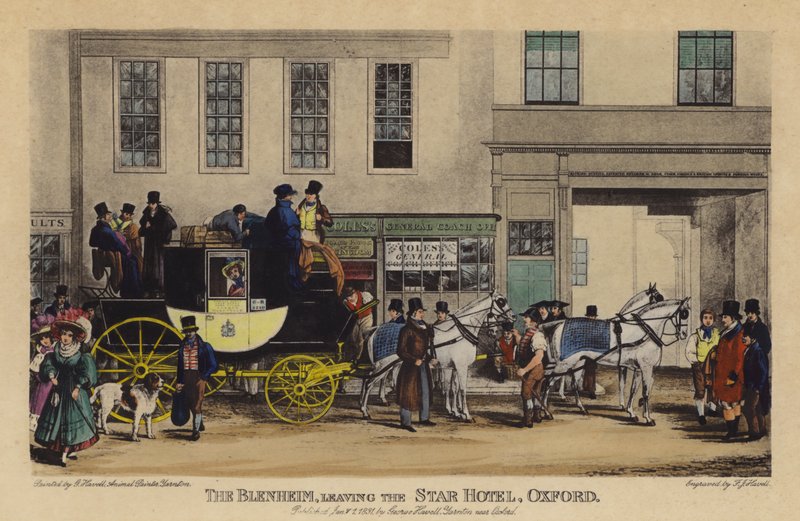 The Blenheim, Leaving the Star Hotel, Oxford（彩色雕刻） 作者 弗雷德里克·詹姆斯·哈维尔