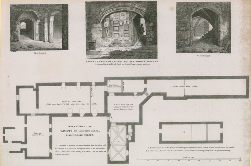 Bishopsgate街Crosby Hall拱顶的平面图和景观 作者 弗雷德里克·纳什（Frederick Nash）