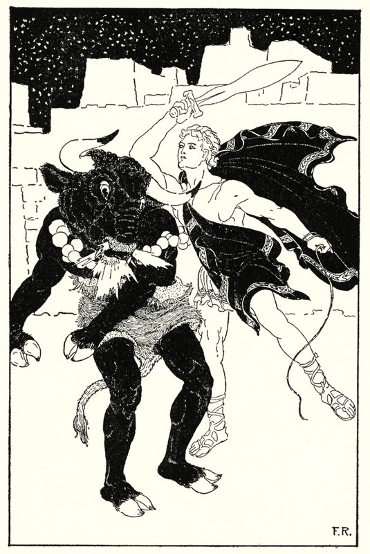 随后发生了有史以来忒修斯和牛头怪之间最可怕的战斗（石版画） 作者 弗雷德里克·理查森