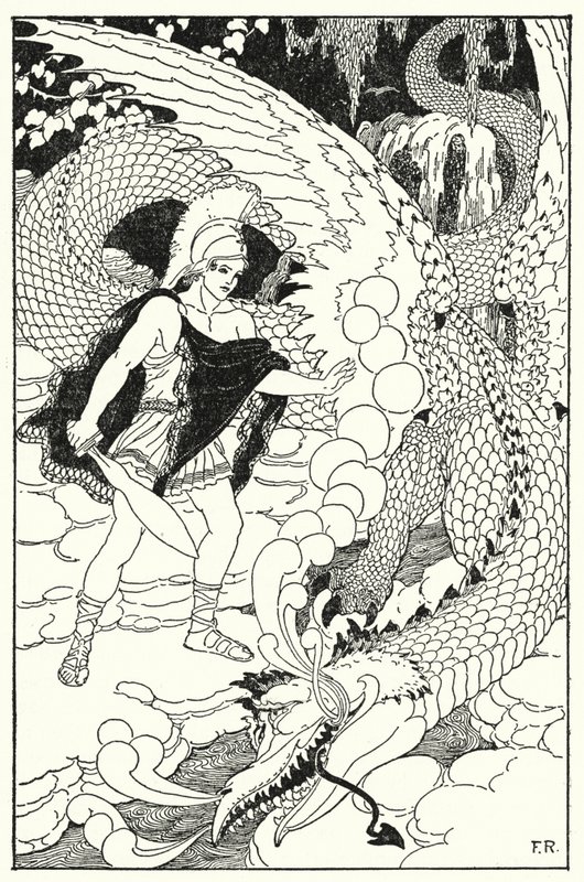 当龙看到卡德摩斯时，他又发出了另一个可恶的嘶嘶声（石版画） 作者 弗雷德里克·理查森