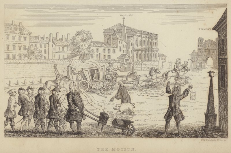 议案：讽刺1741年议会试图推翻罗伯特-沃波尔爵士的首相职务（雕刻）。 作者 弗雷德里克·威廉·费尔霍尔特