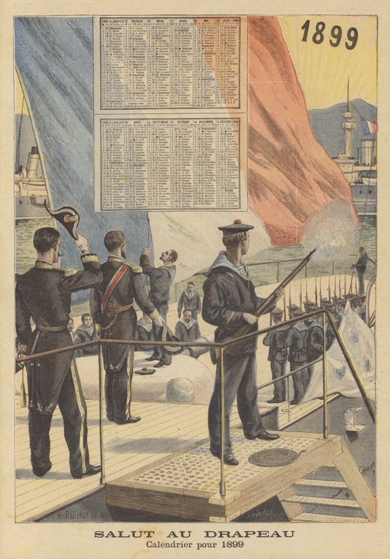 向国旗致敬。 1899年的日历 作者 法语学校