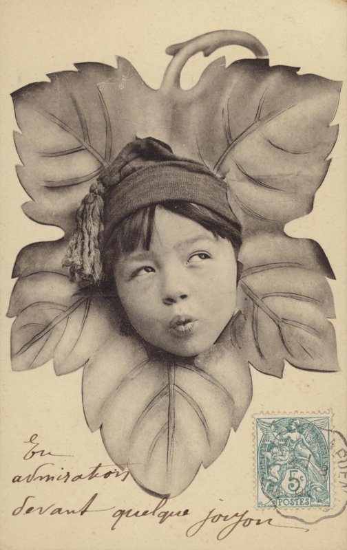 面对一个小男孩在叶子的中心（photocollage） 作者 法国摄影师