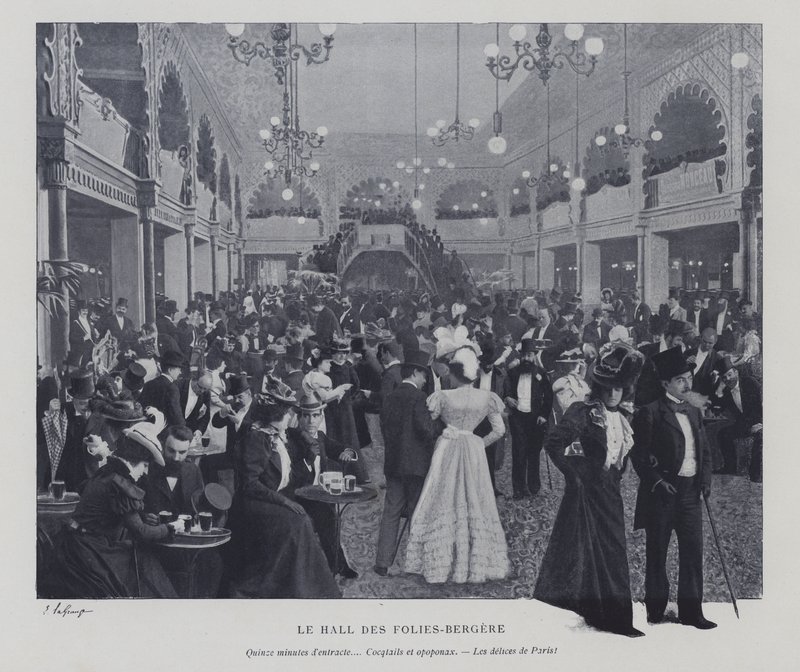 在一段间隔期间，巴黎的音乐厅 (Hall of the Folies Bergere)（黑白照片） 作者 法国摄影师