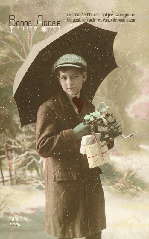 Handsome, well-dressed boy, standing in snow with umbrella (colour photo) 作者 法国摄影师
