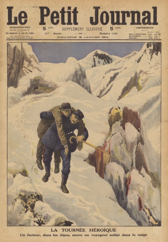 一个邮递员在阿尔卑斯山的雪地里拯救一个迷路的旅行者（彩色平版印刷）。 作者 法语学校