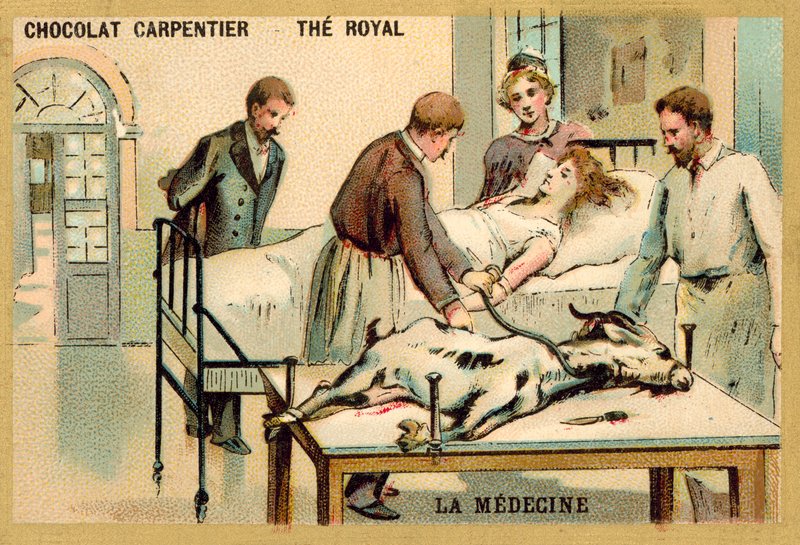 A woman receiving a blood transfusion from a goat (chromolitho) 作者 法语学校