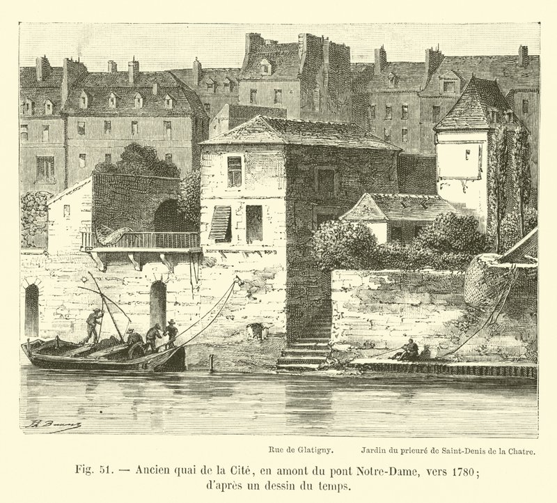 1780年左右，Notre-Dame桥上游的Old Quai de la Cite; dapres画了一个时间 作者 法语学校