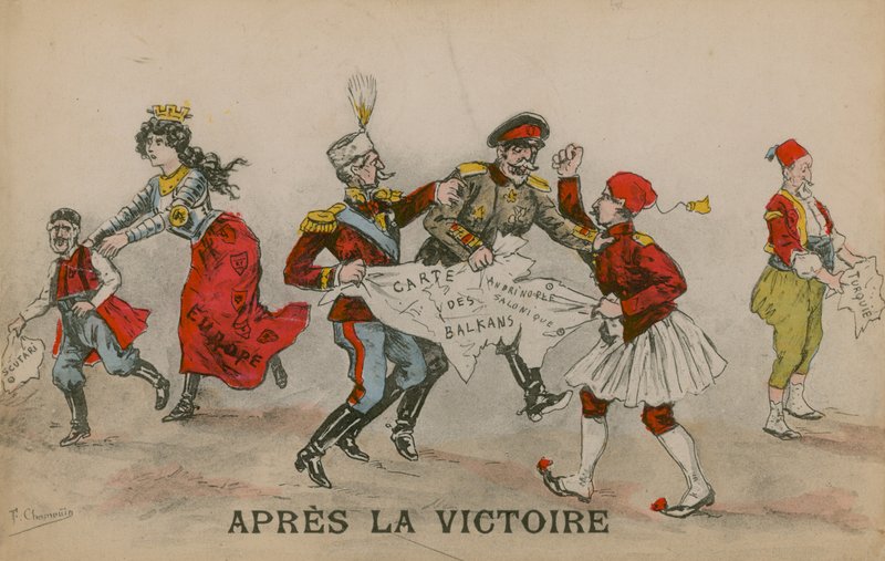 Apres La Victoire，关于巴尔干半岛的政治漫画。明信片于1913年6月14日寄出。 作者 法语学校