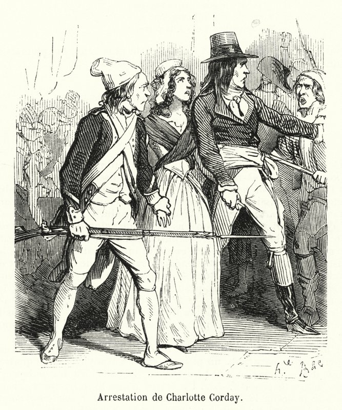 逮捕夏洛特-科迪（雕版画）（Arrestation de Charlotte Corday）。 作者 法语学校
