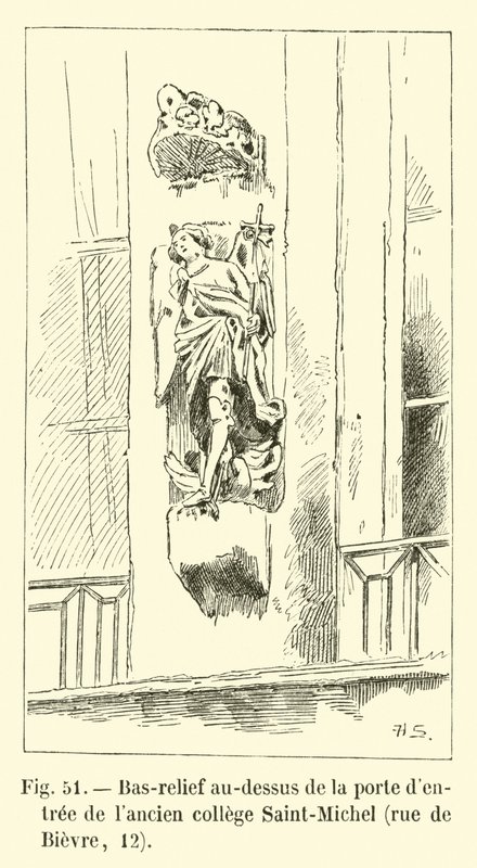 在圣米歇尔老学院的门口上方的浅浮雕，rue de Bievre，12 作者 法语学校