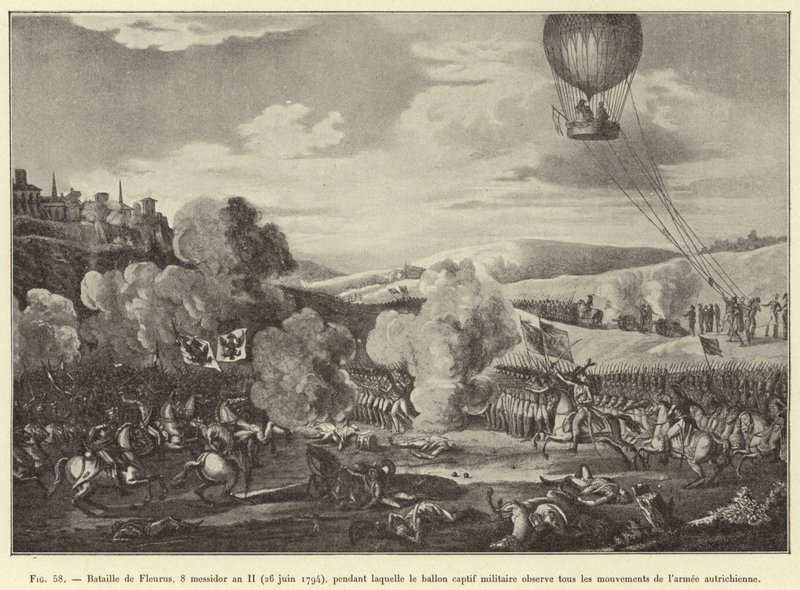 Fleurus 之战，8 Messidor Year II（1794 年 6 月 26 日），在此期间，军用俘虏气球观察了奥地利军队的所有动向（雕刻） 作者 法语学校