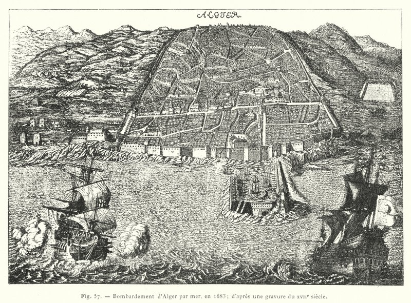 1683 年海上轰炸阿尔及尔； 从 17 世纪雕刻 （雕刻） 作者 法语学校