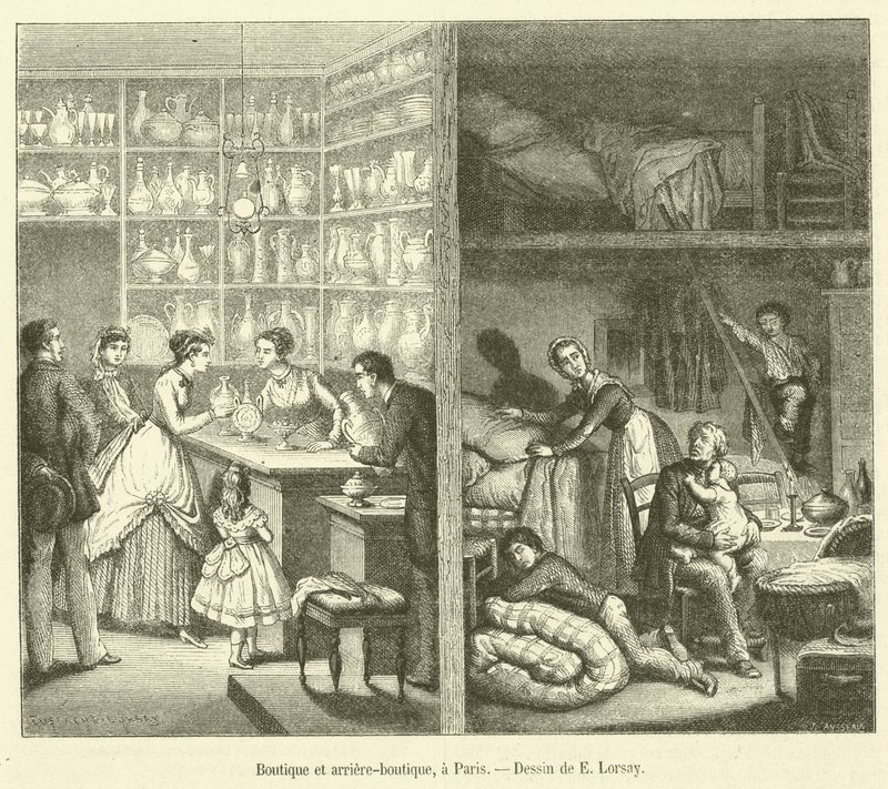 精品店和后台，在巴黎（雕刻） 作者 法语学校
