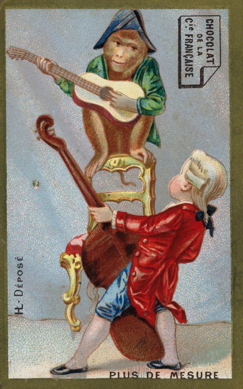 男孩和猴子一起玩乐器（chromolitho）。 作者 法语学校