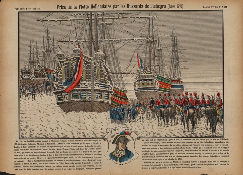 Capture of the Dutch fleet on the frozen Ijsselmeer by French hussars commanded by General Pichegru, January 1795 (coloured engraving) 作者 法语学校