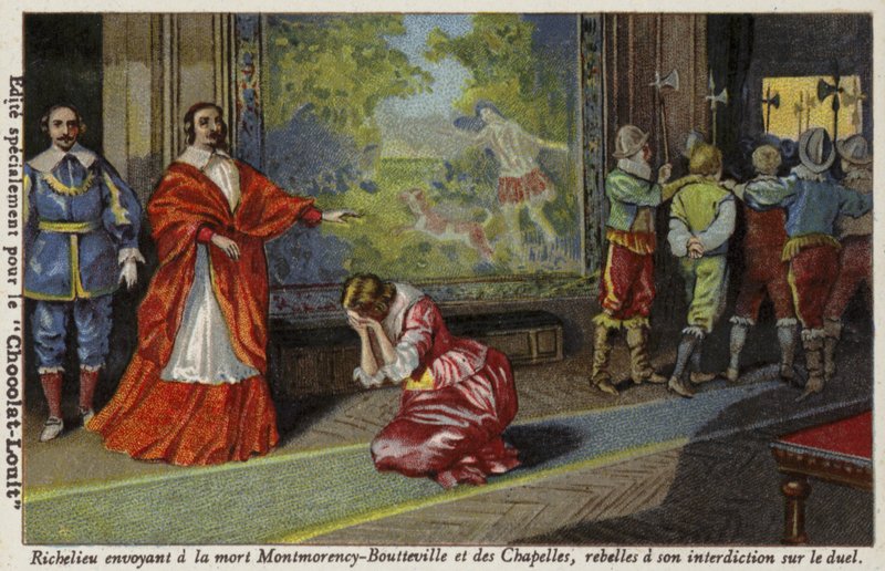 红衣主教Richelieu派遣Francois de Montmorency-Bouteville和Comte de Chapelles因违反他的决斗禁令而被处决，1627年 作者 法语学校