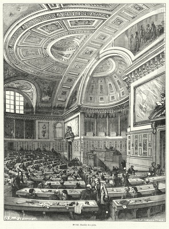 贵族院（Chambre des Pairs），1814年至1848年革命后被废除的法国议会上院（雕刻）。 作者 法语学校