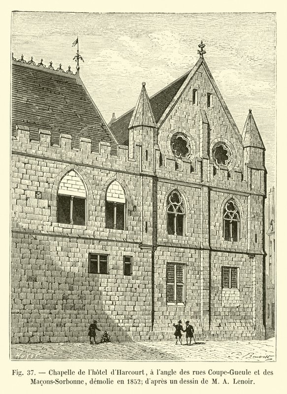 哈考特酒店的教堂，街角Coupe-Gueule和Macons-Sorbonne，于1852年拆除;来自MA Lenoir的绘画 作者 法语学校