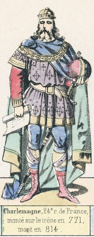 查理曼，法国第24位国王，771年登基，814年去世（彩色版画）。 作者 法语学校