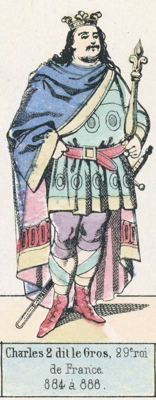 胖子查理二世，法国第29任国王，884年至888年（彩色雕版）。 作者 法语学校