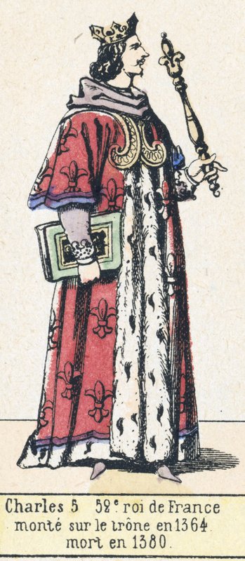 Charles 5, 52e roi de France, monte sur le trone en 1364, mort en 1380 (coloured engraving) 作者 法语学校