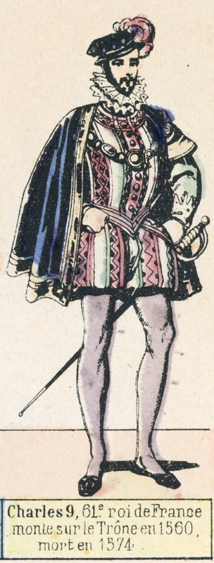 查理九世，法国第61位国王，1560年登基，1574年去世（彩绘版画）。 作者 法语学校