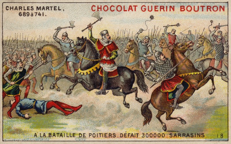 Charles Martel defeating an army of 300,000 Saracens at the Battle of Poitiers, 732 (chromolitho) 作者 法语学校