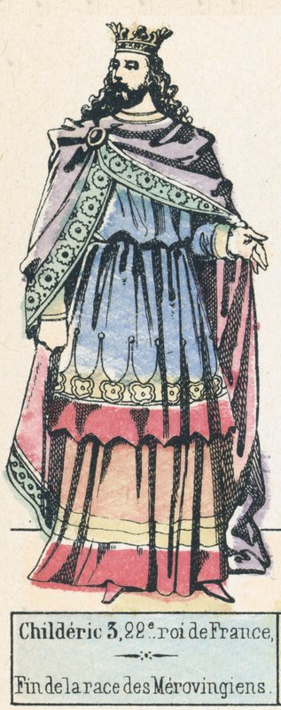 Childeric 3, 22e roi de France, Fin de la race des Merovingiens (coloured engraving) 作者 法语学校