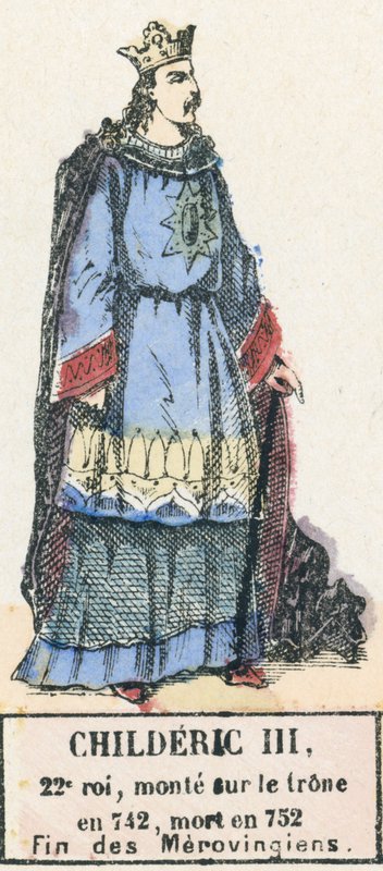 希尔德里克三世，第22位国王，742年登基，752年去世，梅洛温吉人的终结（彩色雕刻）。 作者 法语学校