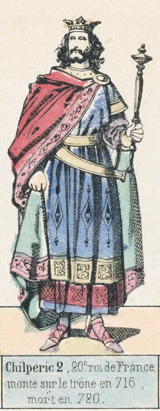 Chilperic 2, 20e roi de France, monte sur le trone en 716, mort en 720 (coloured engraving) 作者 法语学校