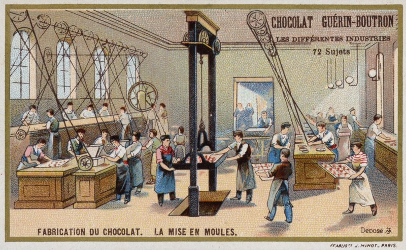 Chocolate manufacturing. Putting chocolate into moulds (chromolitho) 作者 法语学校