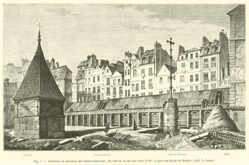 在Bernier，Coll A Lenoir的绘画之后，1780年rue aux Fers一侧的圣徒无辜者的墓地和万人冢 作者 法语学校