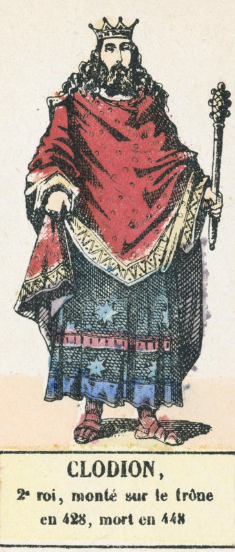 克洛迪恩，第二任国王，428年登基，448年去世（彩色雕刻）。 作者 法语学校
