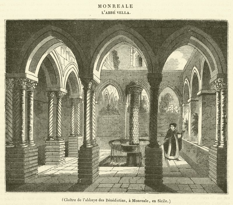 本笃会修道院的回廊，位于西西里岛的蒙雷亚尔（Monreale）（雕刻版）。 作者 法语学校