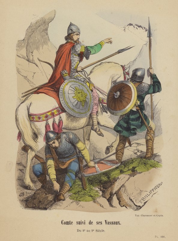 Comte suivi de ses Vassaux, Du 8e au 9e Siecle (coloured engraving) 作者 法语学校