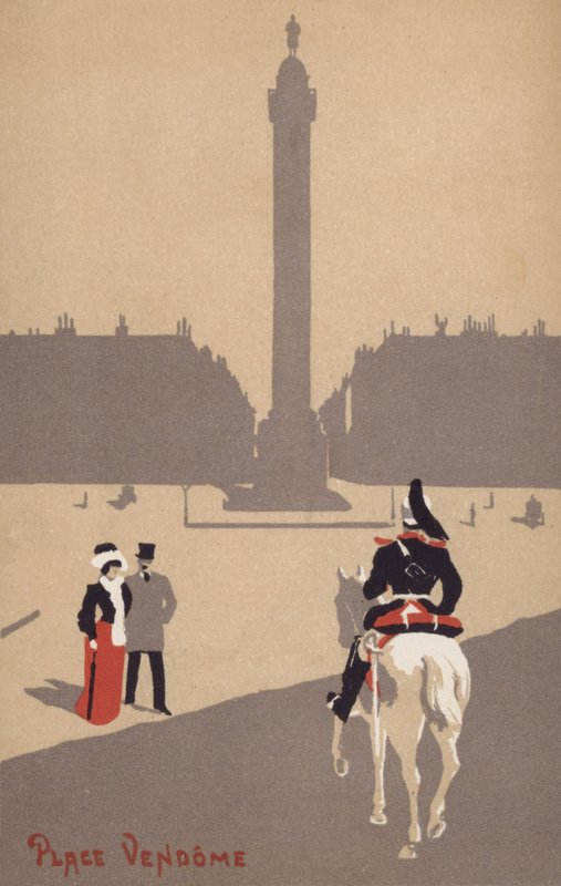 一对夫妇在法国巴黎旺多姆广场观看骑马的法国骑兵（彩色石版画） 作者 法语学校
