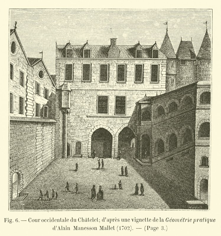 西部Chatelet法院; dapres是1702年Alain Manesson Mallet的实用几何的小插曲 作者 法语学校
