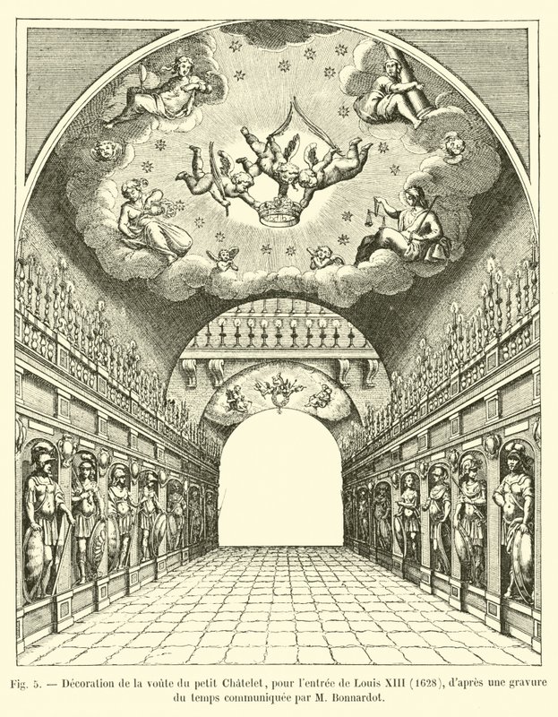 装饰小Chatelet的拱顶，为1628年路易十三的入口，在M Bonnardot传达的时间雕刻之后 作者 法语学校