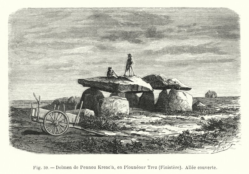 Pennou Kreach的Dolmen, en Plouneour Trez, Finistere, Allee couverte（雕刻）。 作者 法语学校
